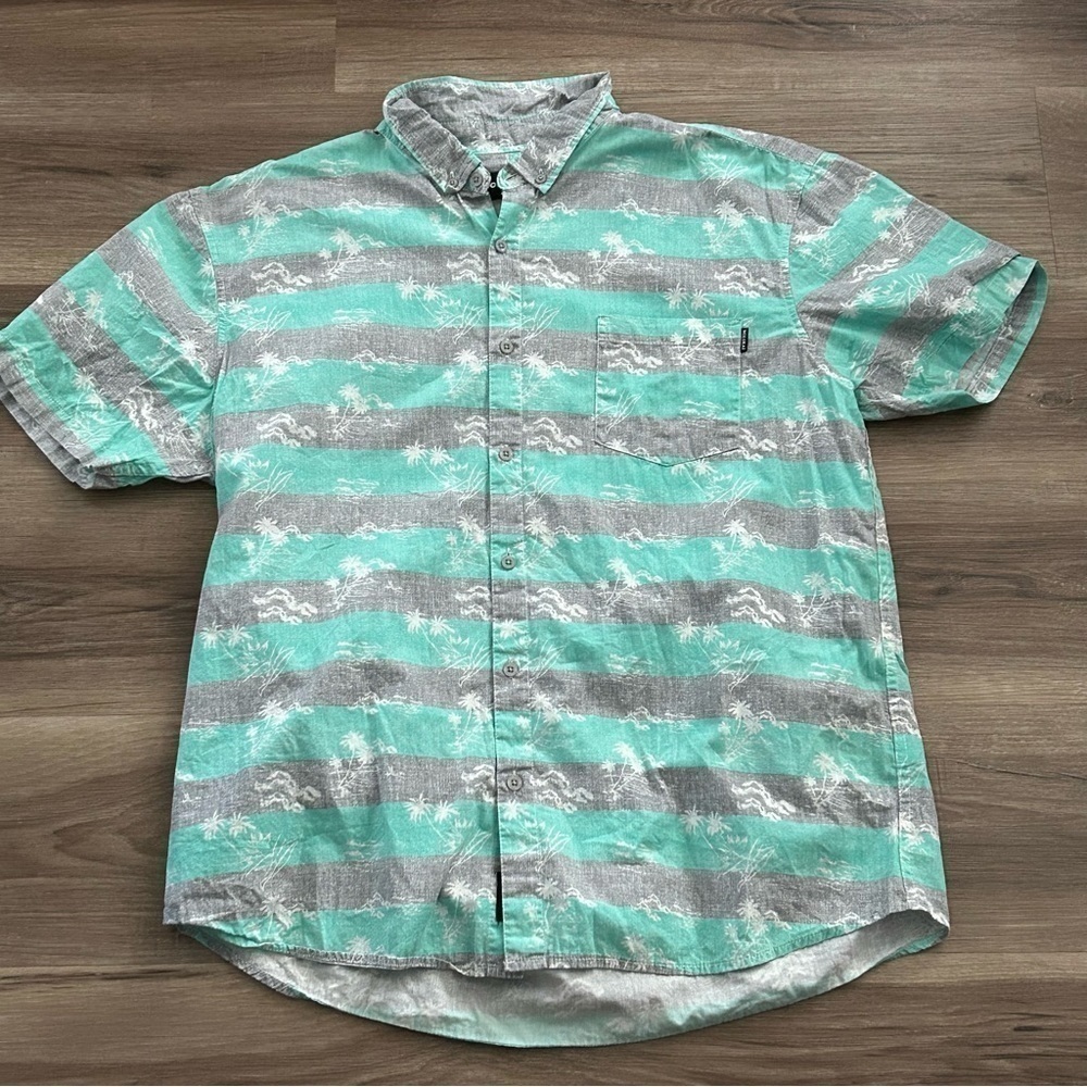 MOLOKAI Surf Gray Turquoise Palm Tree Short Sleeve Button Down Men Size XL